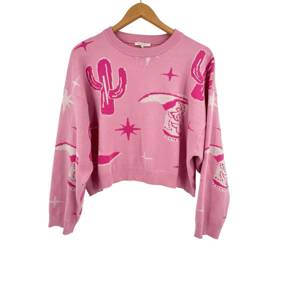BAEVELY Women's Pink Cowboy Boot Print Crewneck Oversize Crop Sweater Large